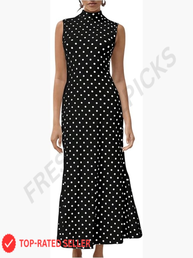Polka Dots Maxi Tank Dress Mock Neck Sleeveless Elegant Long Bodycon Mermaid